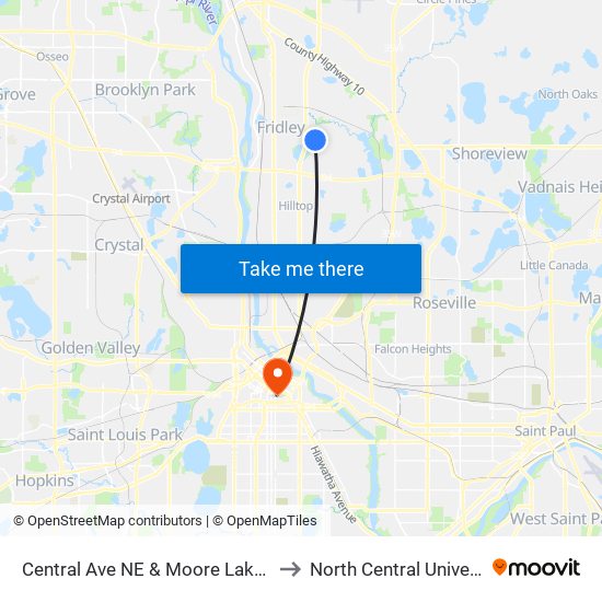 Central Ave NE & Moore Lake Dr E to North Central University map