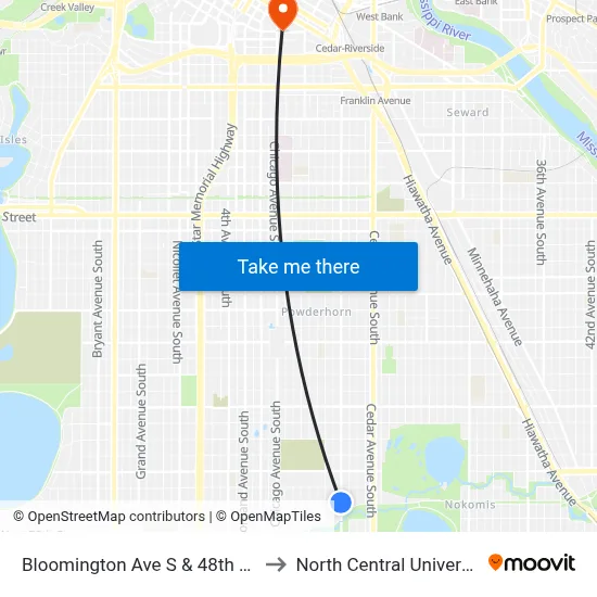 Bloomington Ave S & 48th St E to North Central University map