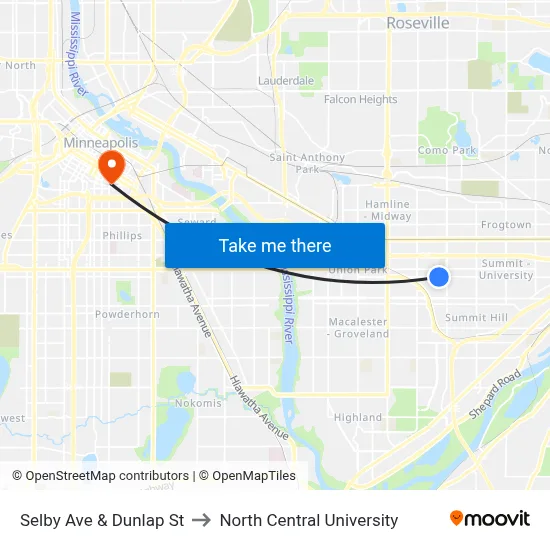 Selby Ave & Dunlap St to North Central University map