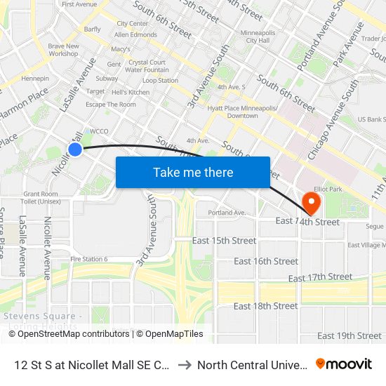 12 St S at Nicollet Mall SE Corner to North Central University map