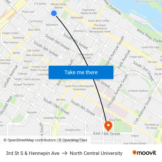 3rd St S & Hennepin Ave to North Central University map