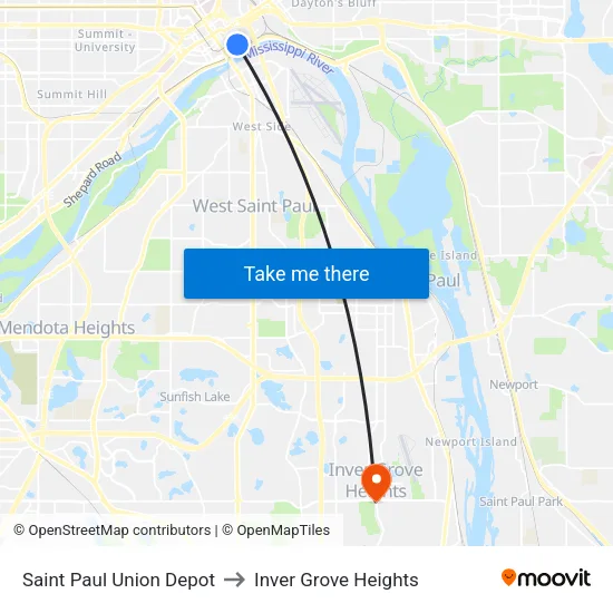 Saint Paul Union Depot to Inver Grove Heights map