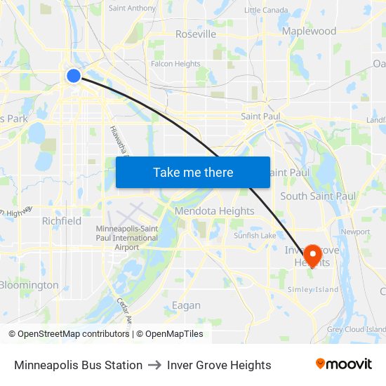 Minneapolis Bus Station to Inver Grove Heights map