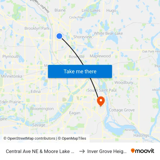 Central Ave NE & Moore Lake Dr E to Inver Grove Heights map