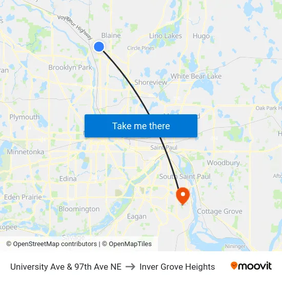 University Ave & 97th Ave NE to Inver Grove Heights map