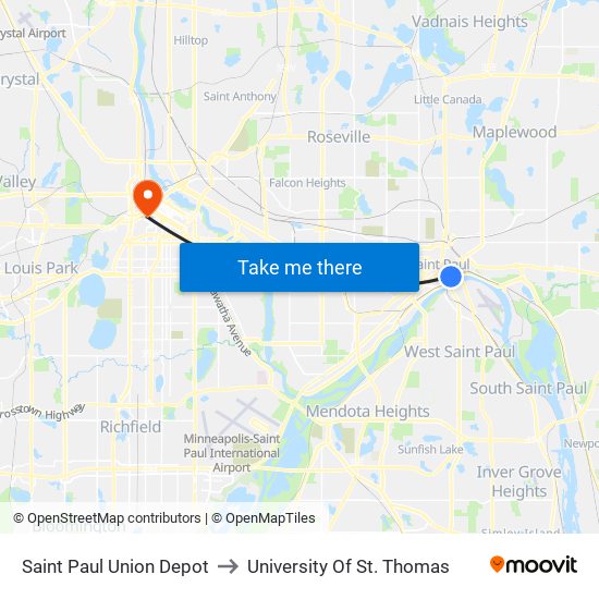 Saint Paul Union Depot to University Of St. Thomas map