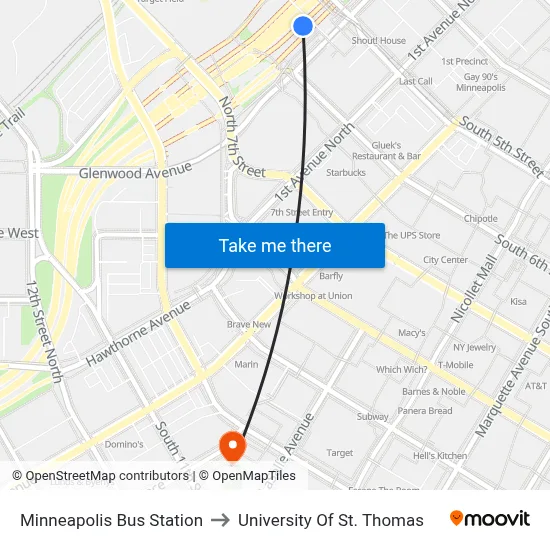 Minneapolis Bus Station to University Of St. Thomas map