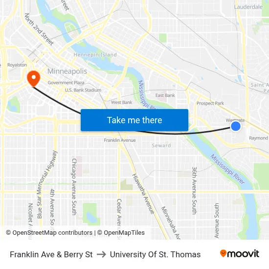 Franklin Ave & Berry St to University Of St. Thomas map