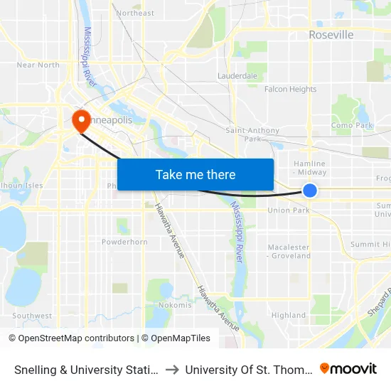Snelling & University Station to University Of St. Thomas map