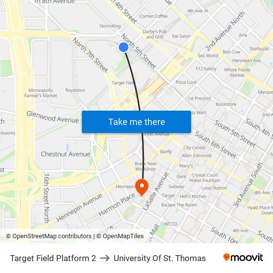 Target Field Platform 2 to University Of St. Thomas map