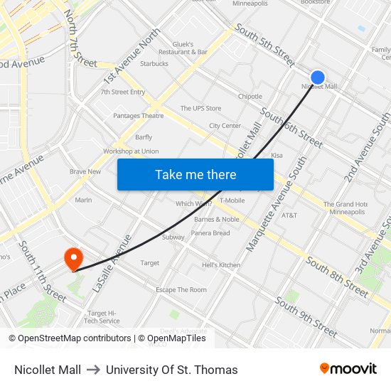 Nicollet Mall to University Of St. Thomas map