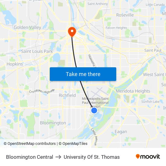 Bloomington Central to University Of St. Thomas map