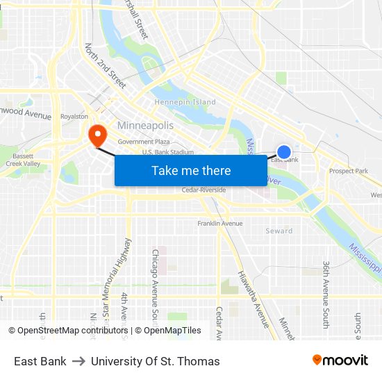 East Bank to University Of St. Thomas map