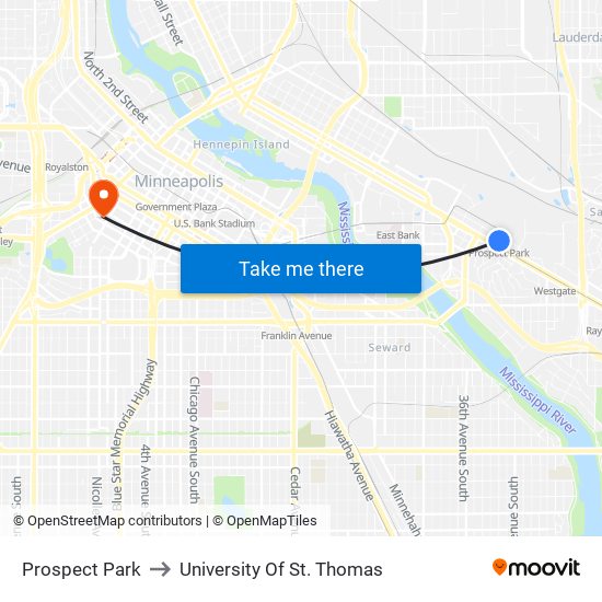 Prospect Park to University Of St. Thomas map