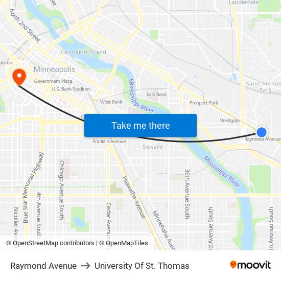 Raymond Avenue to University Of St. Thomas map