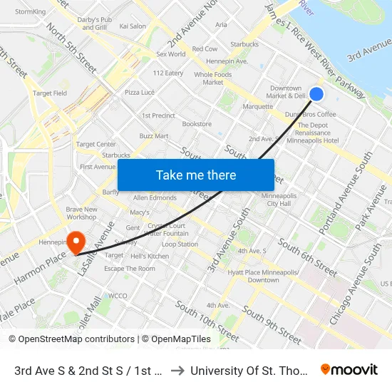 3rd Ave S & 2nd St S / 1st St S to University Of St. Thomas map