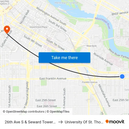 26th Ave S & Seward Tower West to University Of St. Thomas map