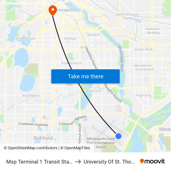 Msp Terminal 1 Transit Station to University Of St. Thomas map