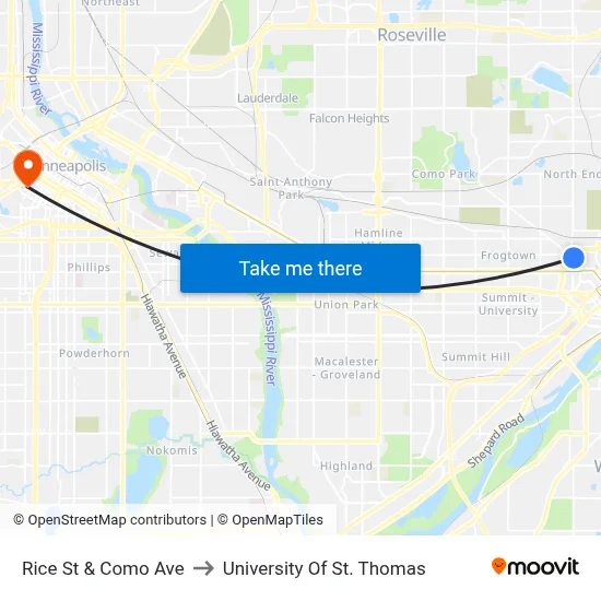 Rice St & Como Ave to University Of St. Thomas map