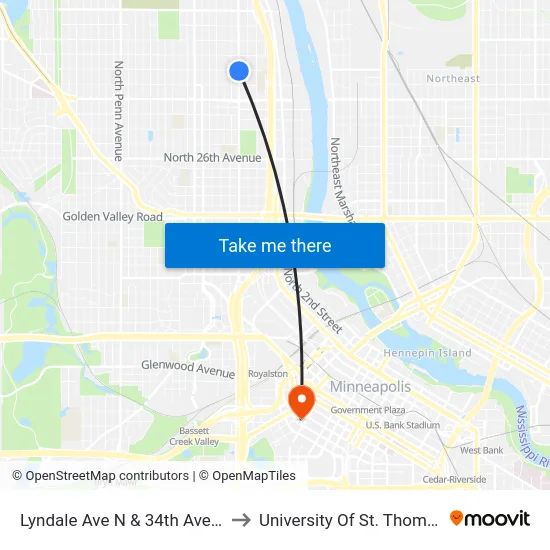 Lyndale Ave N & 34th Ave N to University Of St. Thomas map