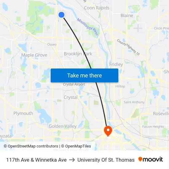 117th Ave & Winnetka Ave to University Of St. Thomas map