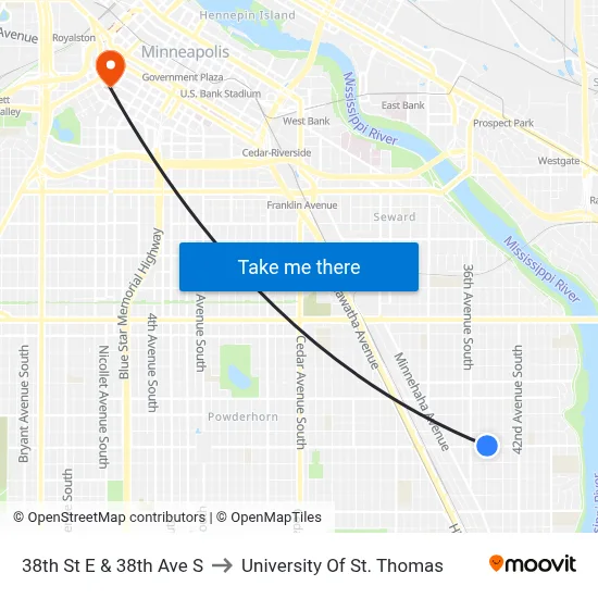 38th St E & 38th Ave S to University Of St. Thomas map