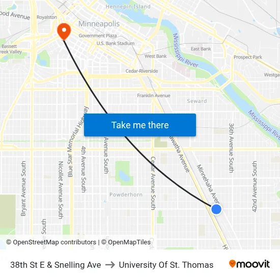 38th St E & Snelling Ave to University Of St. Thomas map