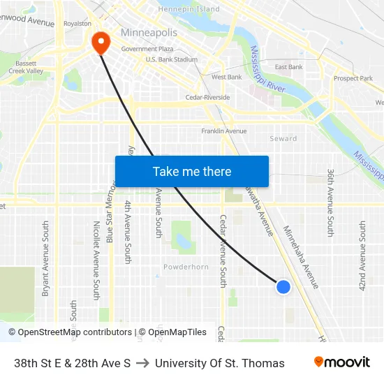 38th St E & 28th Ave S to University Of St. Thomas map