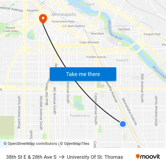 38th St E & 28th Ave S to University Of St. Thomas map