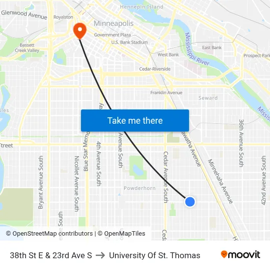 38th St E & 23rd Ave S to University Of St. Thomas map
