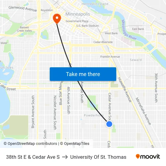 38th St E & Cedar Ave S to University Of St. Thomas map