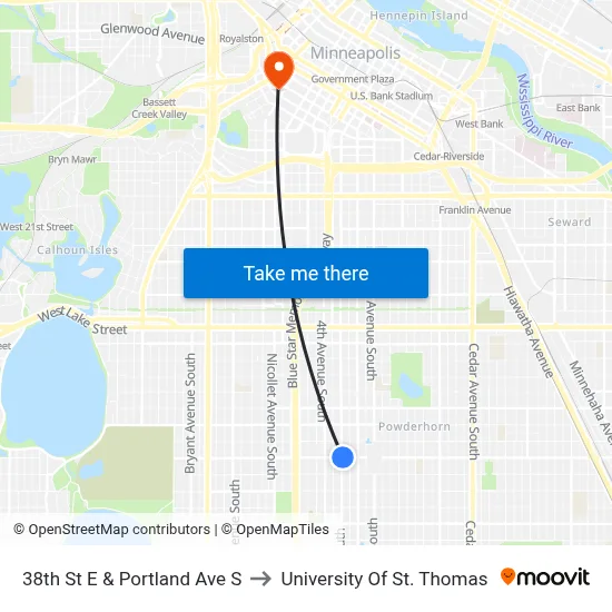 38th St E & Portland Ave S to University Of St. Thomas map
