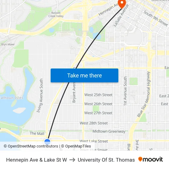 Hennepin Ave & Lake St W to University Of St. Thomas map