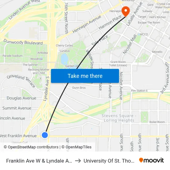 Franklin Ave W & Lyndale Ave S to University Of St. Thomas map