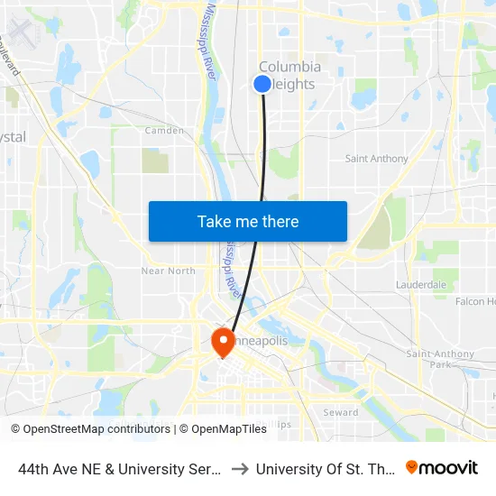 44th Ave NE & University Service Rd to University Of St. Thomas map