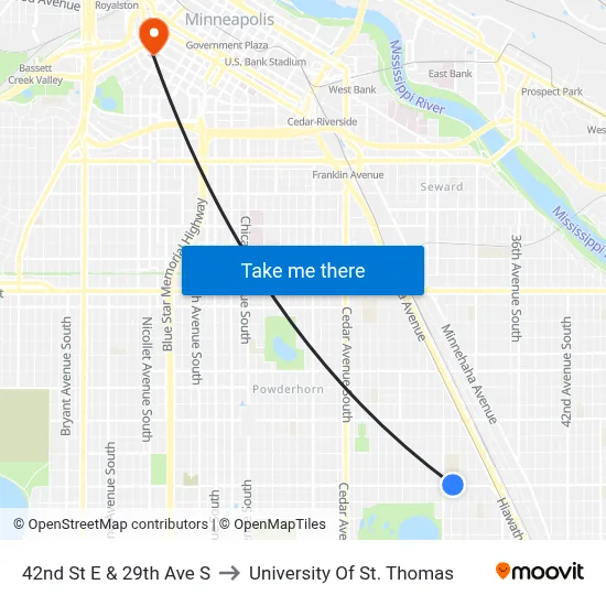 42nd St E & 29th Ave S to University Of St. Thomas map