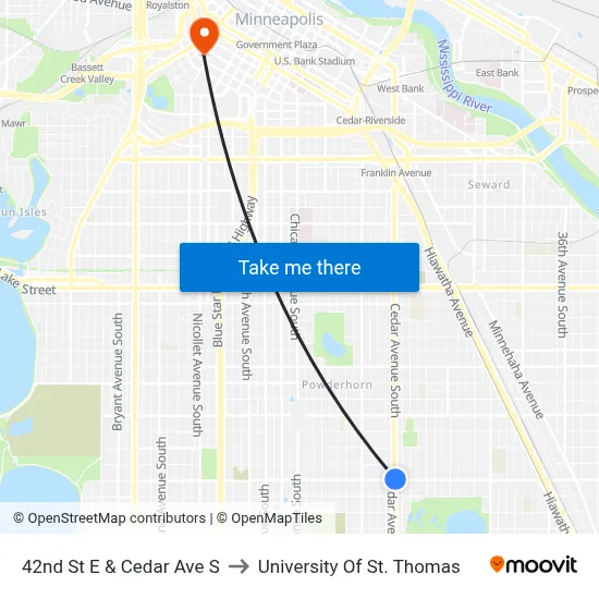 42nd St E & Cedar Ave S to University Of St. Thomas map