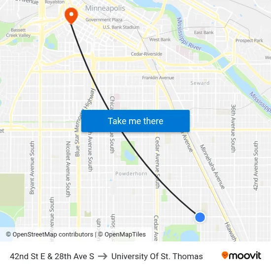 42nd St E & 28th Ave S to University Of St. Thomas map