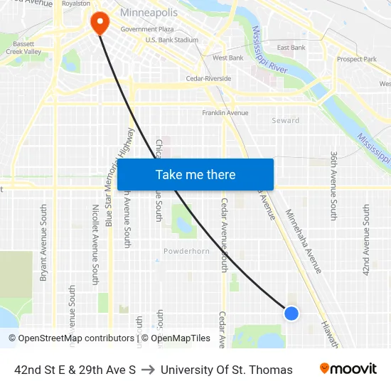 42nd St E & 29th Ave S to University Of St. Thomas map