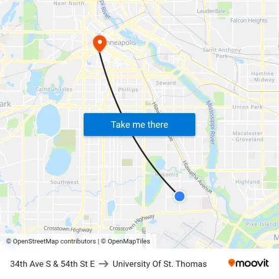 34th Ave S & 54th St E to University Of St. Thomas map