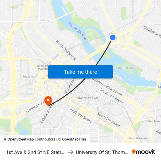 1st Ave & 2nd St NE Station to University Of St. Thomas map