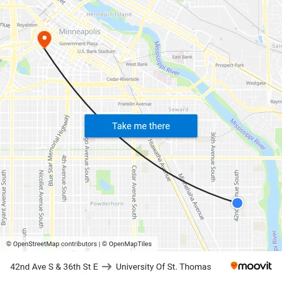 42nd Ave S & 36th St E to University Of St. Thomas map