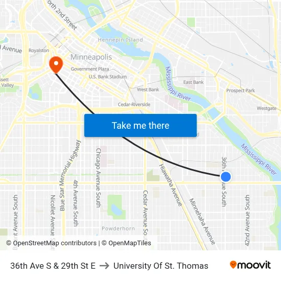 36th Ave S & 29th St E to University Of St. Thomas map
