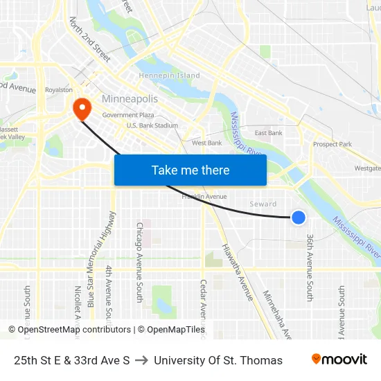25th St E & 33rd Ave S to University Of St. Thomas map