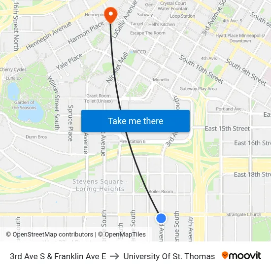 3rd Ave S & Franklin Ave E to University Of St. Thomas map