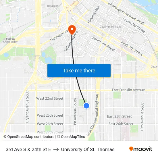 3rd Ave S & 24th St E to University Of St. Thomas map