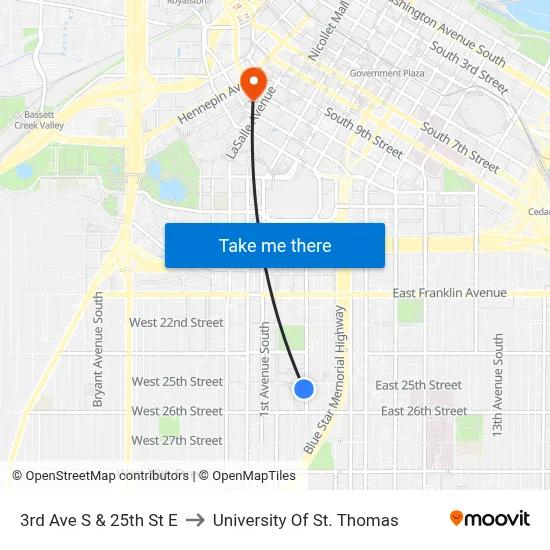 3rd Ave S & 25th St E to University Of St. Thomas map
