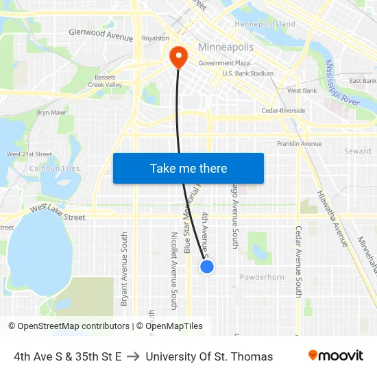 4th Ave S & 35th St E to University Of St. Thomas map