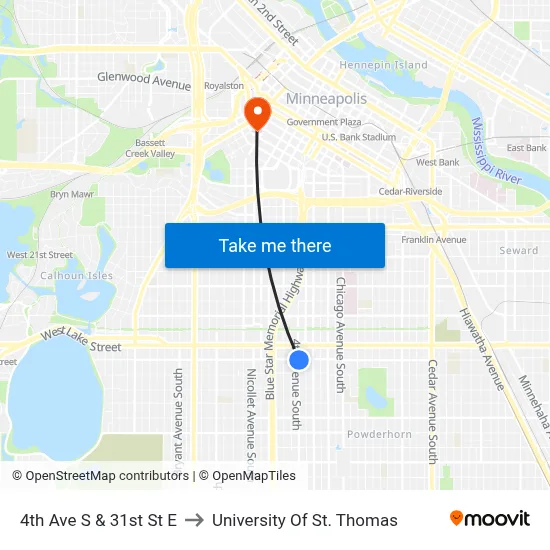 4th Ave S & 31st St E to University Of St. Thomas map