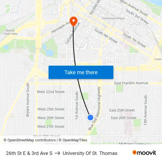 26th St E & 3rd Ave S to University Of St. Thomas map